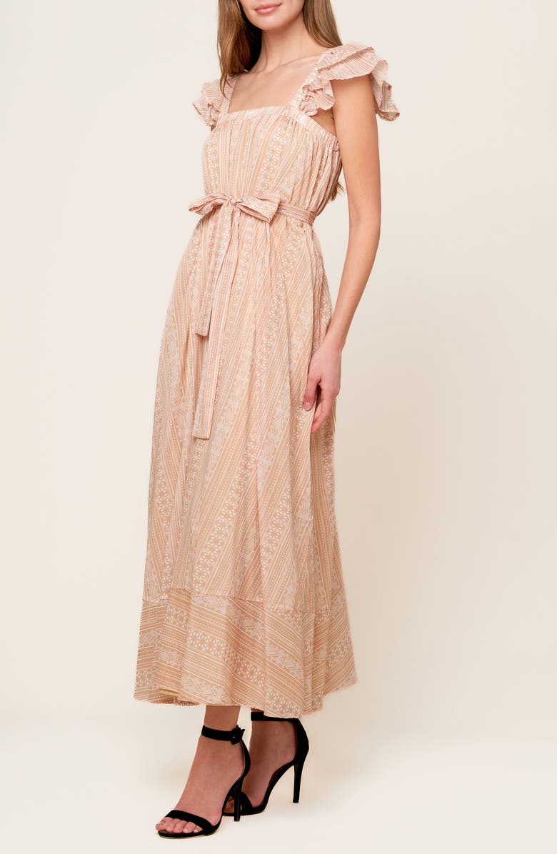 FLYING TOMATO Ruffle Cap Sleeve Cotton Maxi Dress, Alternate, color, Taupe