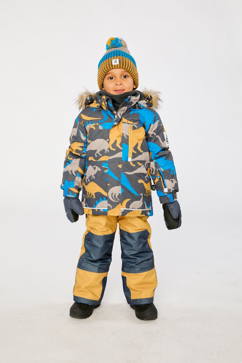 Play Dinosaur Jacket & Reinforced Pants Two Piece Snowsuit, Alternate, color, Grey and Blue Dinosaur Print