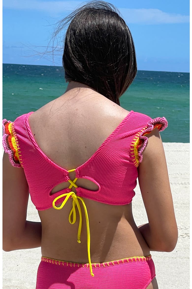 Hand-Knitted Ruffle & Lacework Detail Two Piece Bikini, Little Kid-Big Kid, Alternate, color, Pink