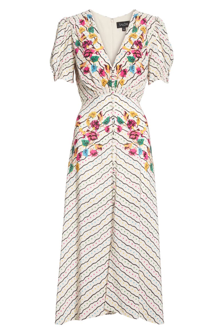 Lea Silk Midi Dress, Alternate, color, JAPONICA WIGGLE PLACEMENT
