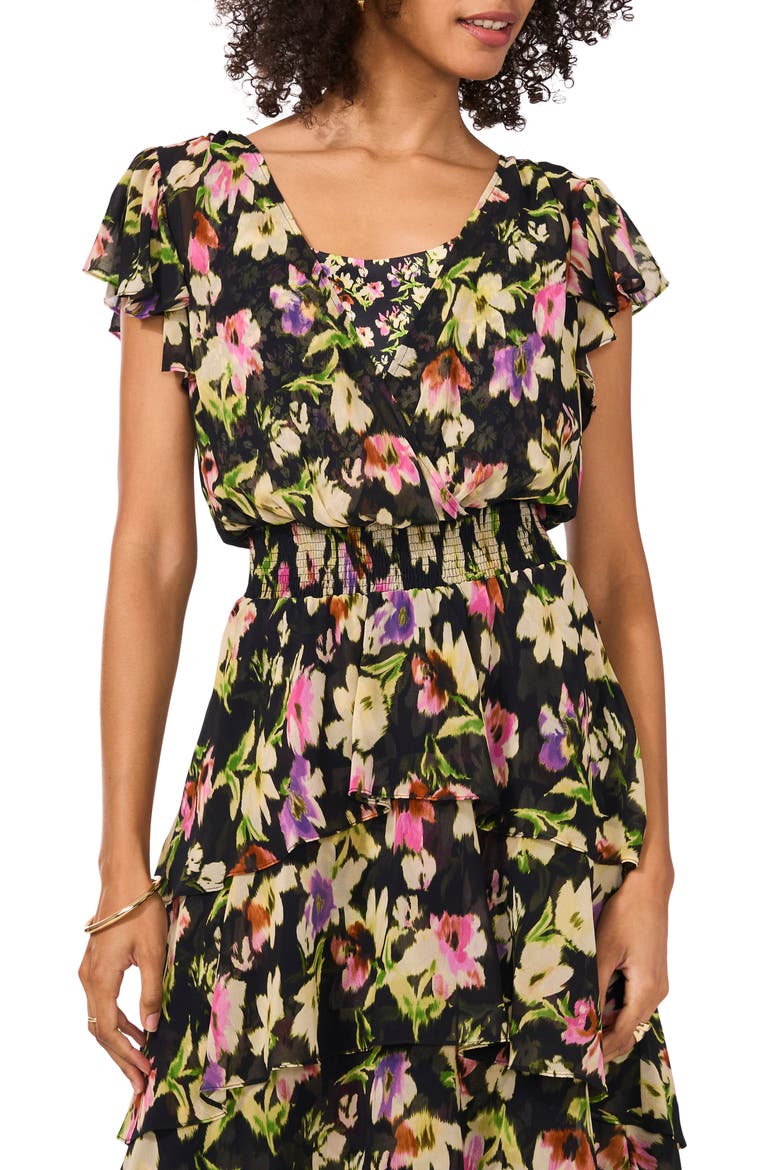 Floral Tiered Flutter Sleeve Midi Dress, Alternate, color, RICH BLACK