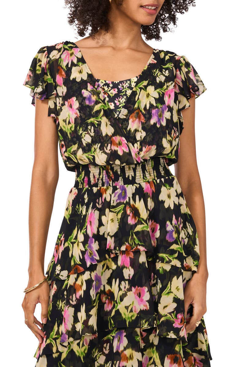 Vince Camuto Floral Tiered Flutter Sleeve Midi Dress, Alternate, color, Rich Black