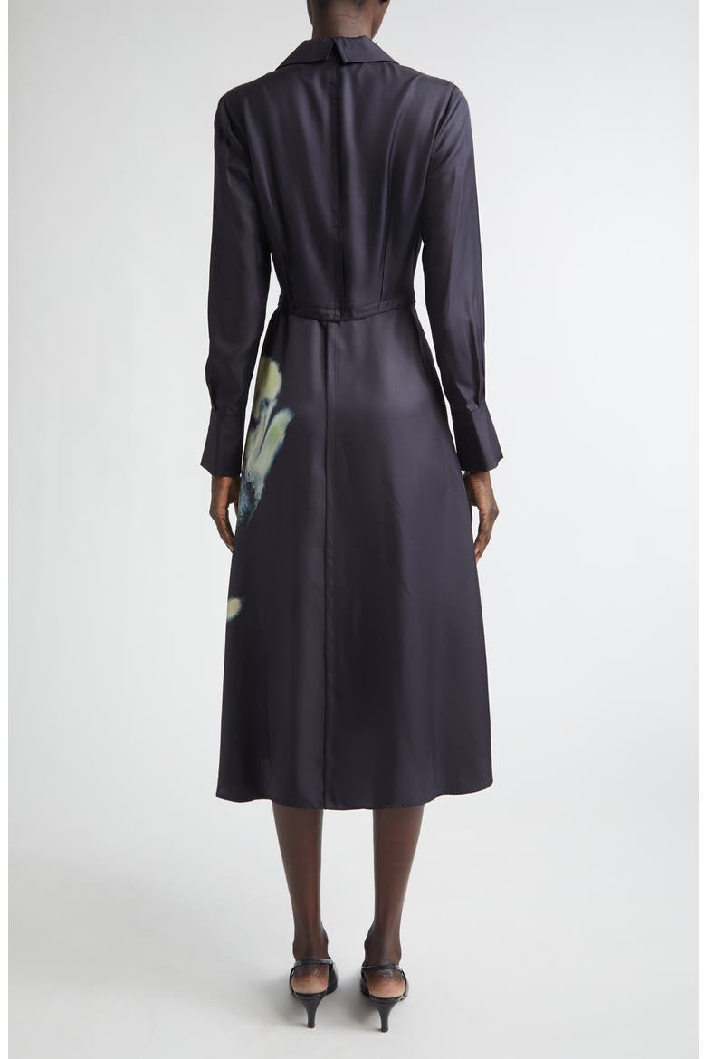 Watercolor Floral Print Long Sleeve Silk Shirtdress, Alternate, color, BLACK / LIGHT JADE
