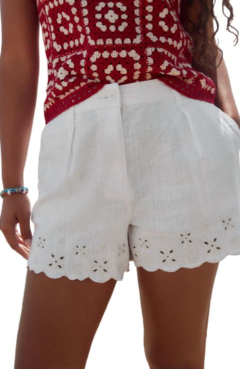 Embroidered Eyelet Linen Blend Shorts