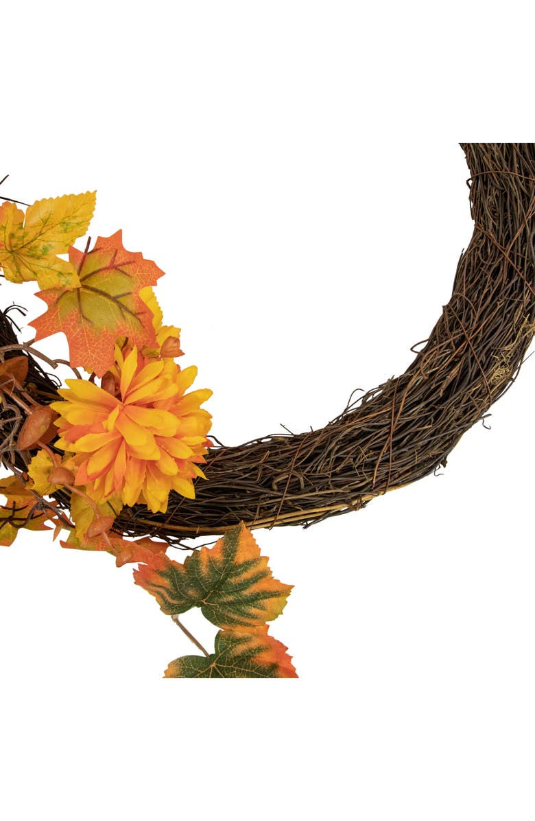 Northlight Mums and Maple Leaves Artificial Floral Fall Harvest Half Wreath with Burlap Bow - 20", Alternate, color, Orange