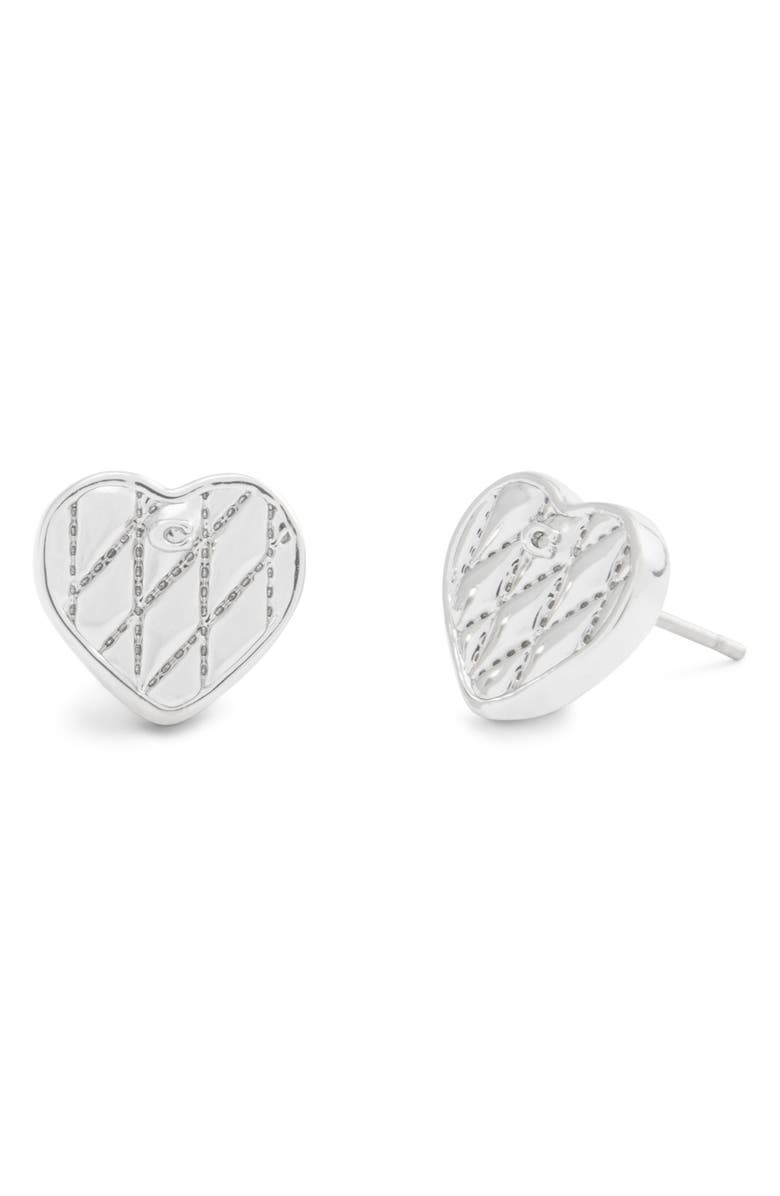 COACH Quilted Heart Stud Earrings, Main, color, Rhodium