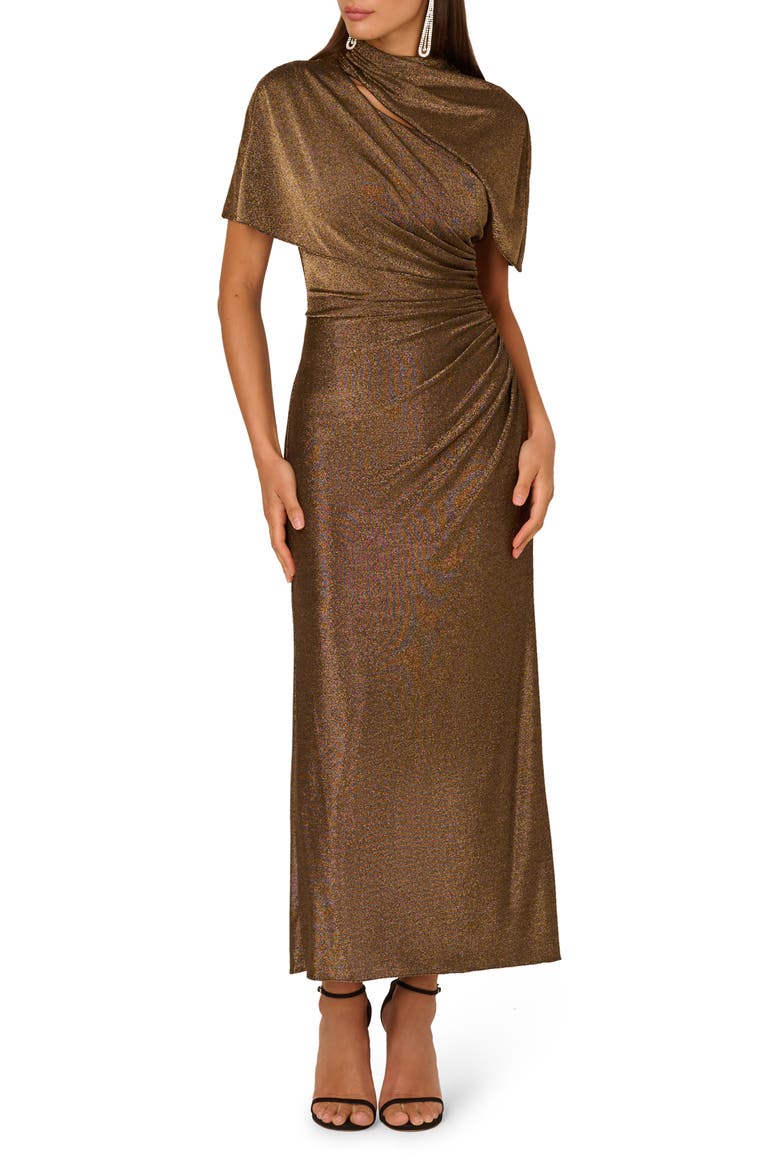 Side Ruched Metallic Knit Gown, Main, color, GOLD