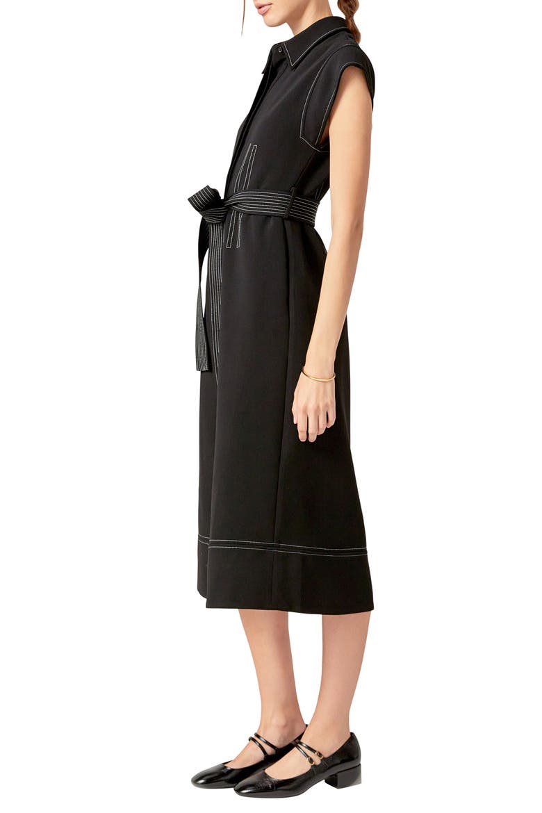 Contrast Stitch Tie Waist Midi Dress, Alternate, color, BLACK/WHITE