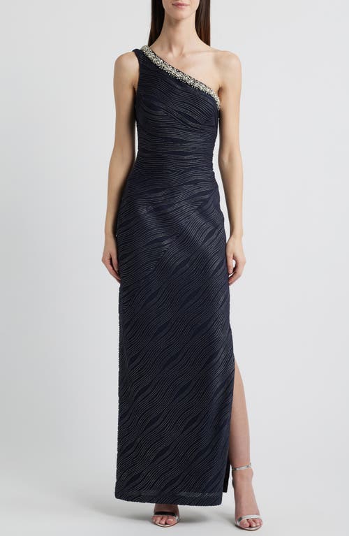 Vince Camuto Rhinestone & Foiled Wave Stripe One-shoulder Sheath Gown In Navy