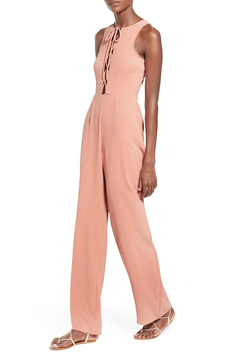 Missguided Lace-Up Sleeveless Jumpsuit, Alternate, color,