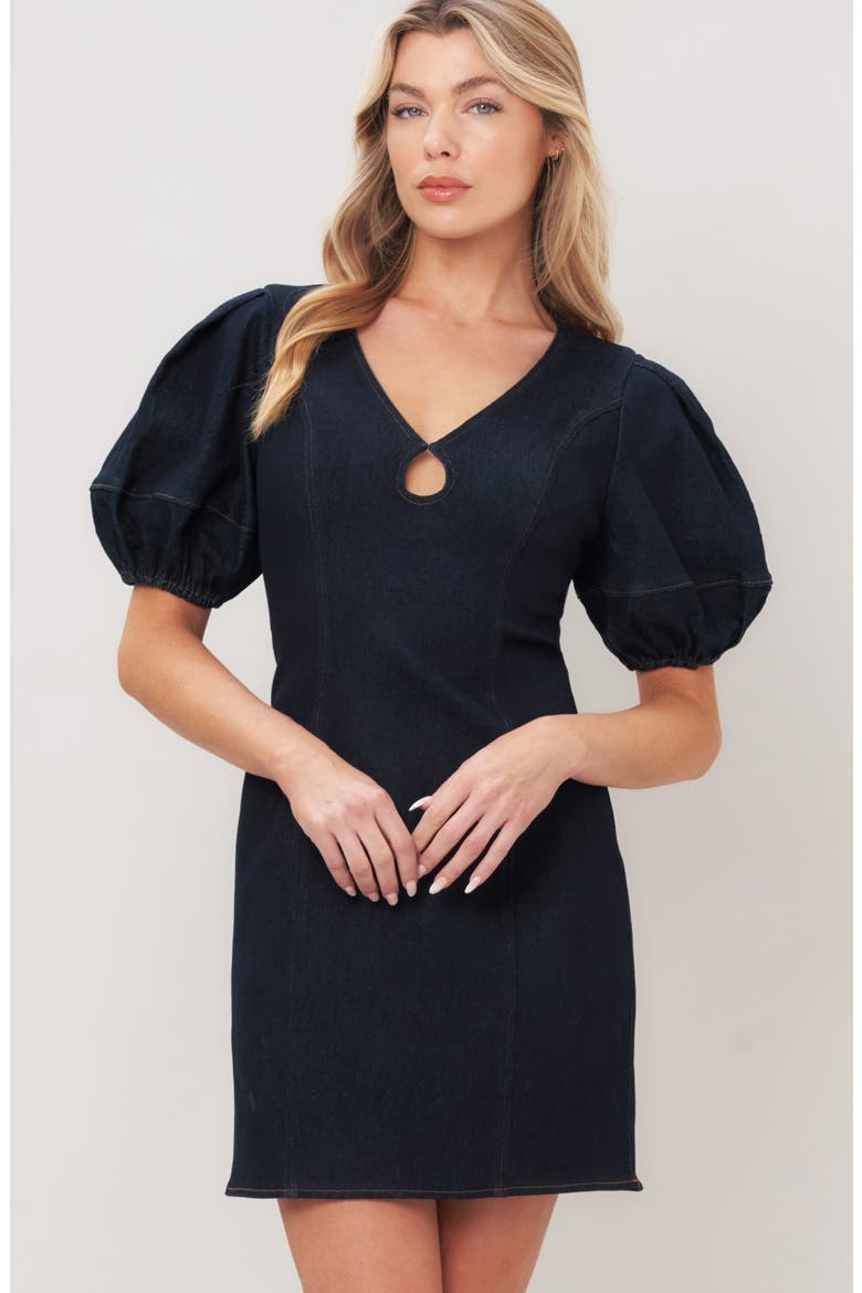 Puff Sleeve Denim Minidress, Alternate, color, DARK INDIGO