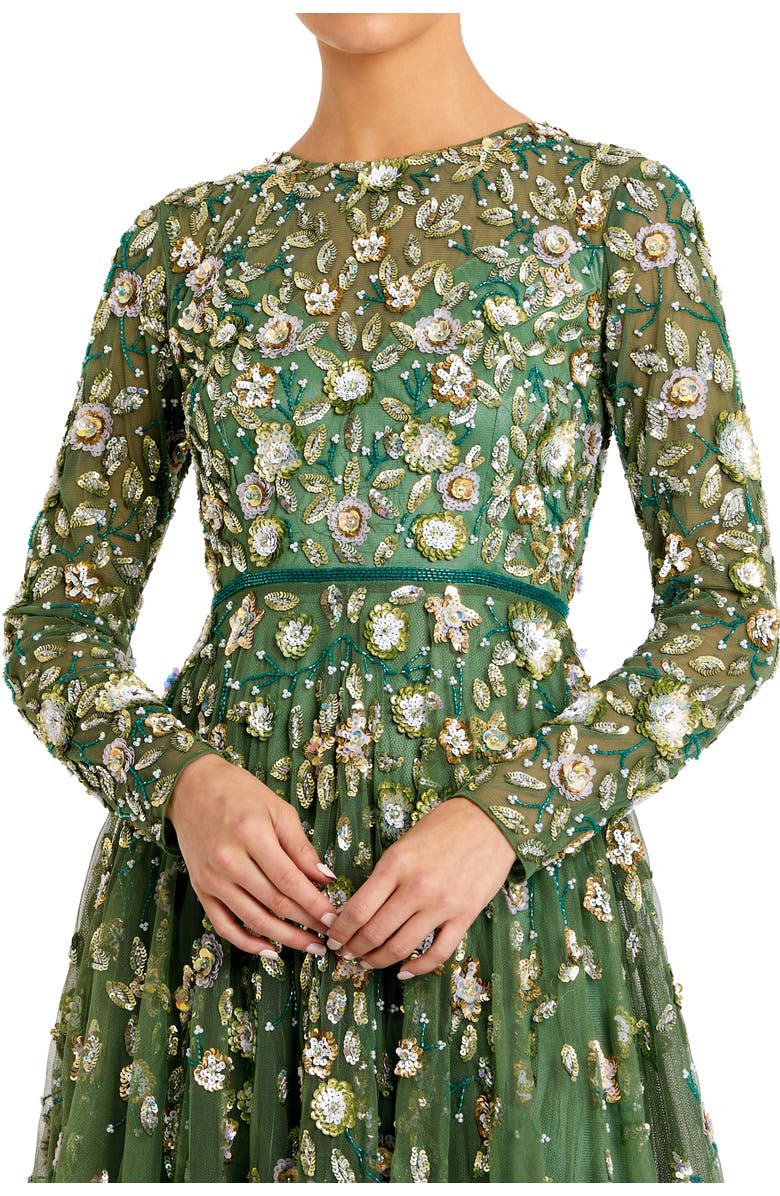 Mac Duggal Petite Embellished High Neck Long Sleeve A-Line Gown, Alternate, color, Sage