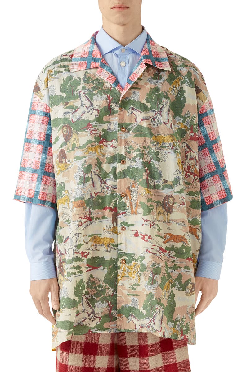 Gucci Oversize Feline Print Cotton Bowling Shirt, Main, color, 
