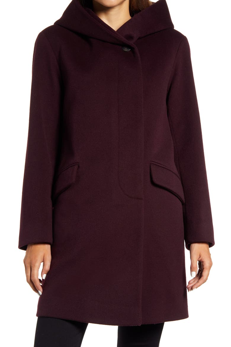 Fleurette Hooded Wool Coat, Alternate, color, BRINJAL