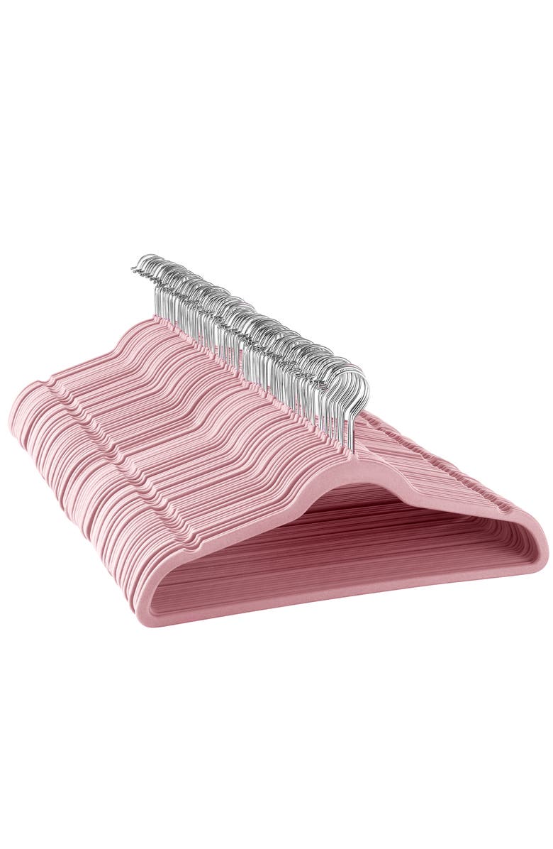 Elama 100 Piece Velvet Slim Profile Heavy Duty Felt Hangers with Stainless Steel Swivel Hooks, Main, color, Pink