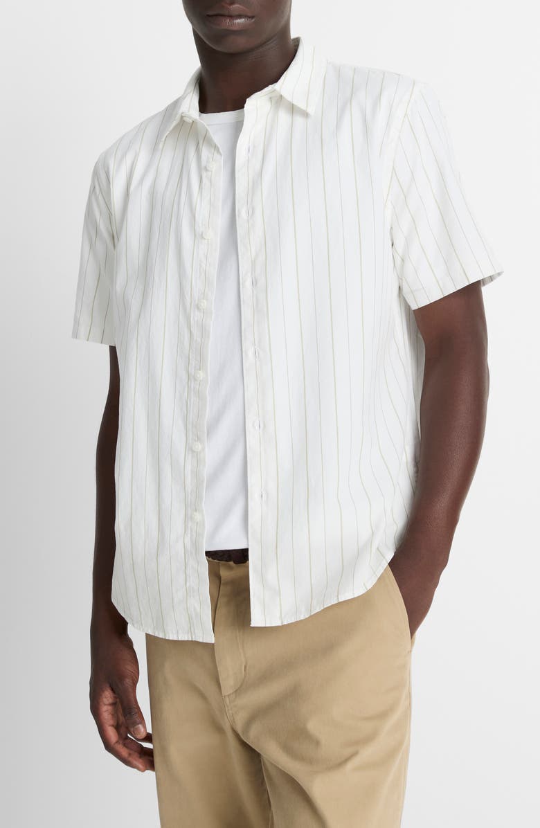 Vince Chatsworth Stripe Short Sleeve Cotton Button-Up Shirt, Alternate, color, Natural Combo