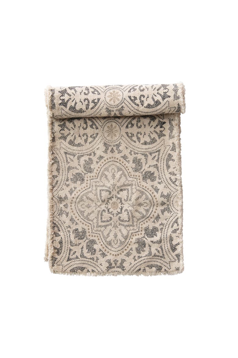 Grey and Cream Cotton Printed Table Runner with Frayed Edge, Main, color, Grey