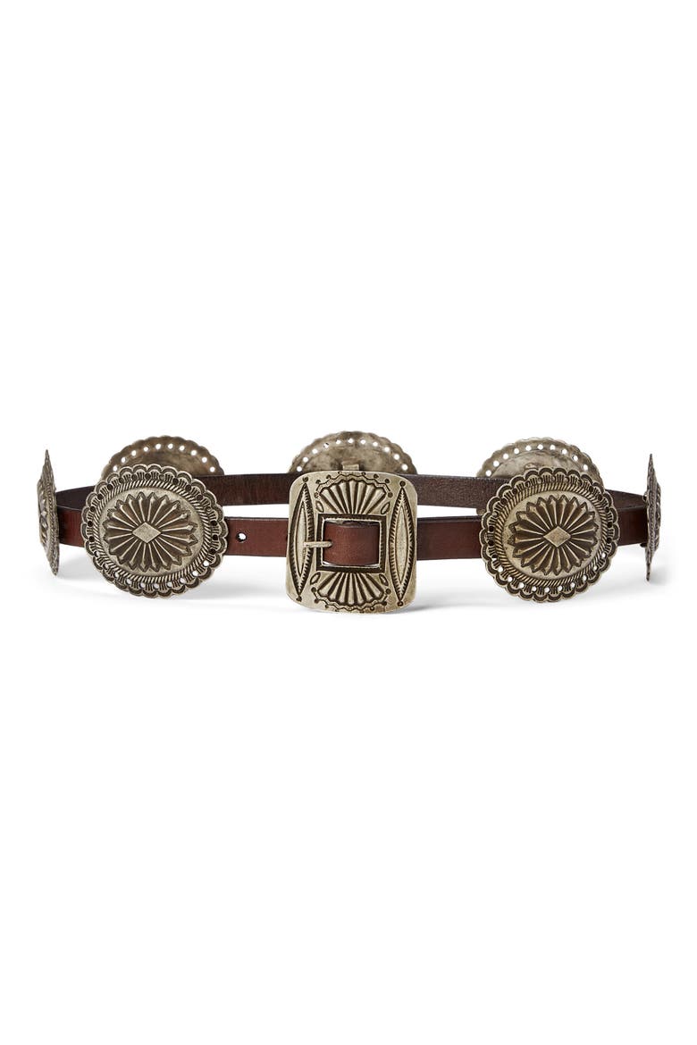 Distressed Leather Concho Belt, Main, color, BROWN