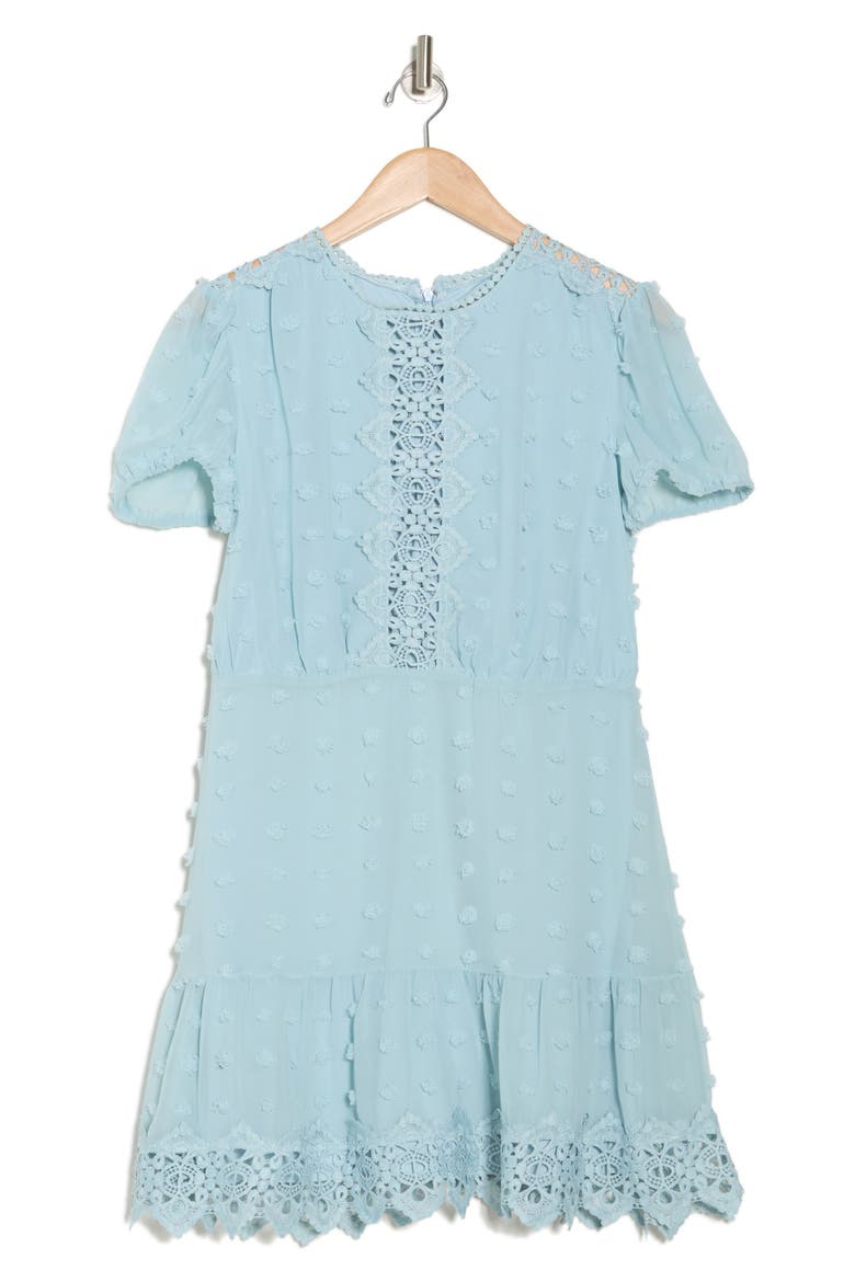Romee Puff Sleeve Lace Trim Clip Dot Minidress, Alternate, color, SAGE