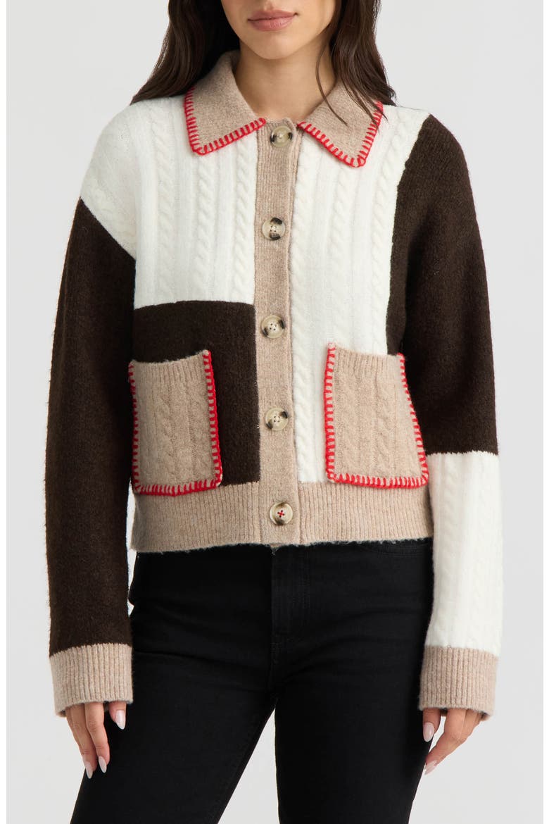 Patchwork Cable Knit Cardigan, Main, color, MARSHMALLOW/ GROUND COFFEE