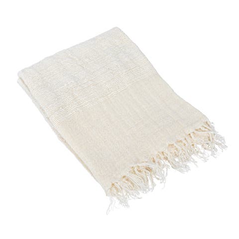 Woven Linen Throw Blanket with Stripes and Fringe