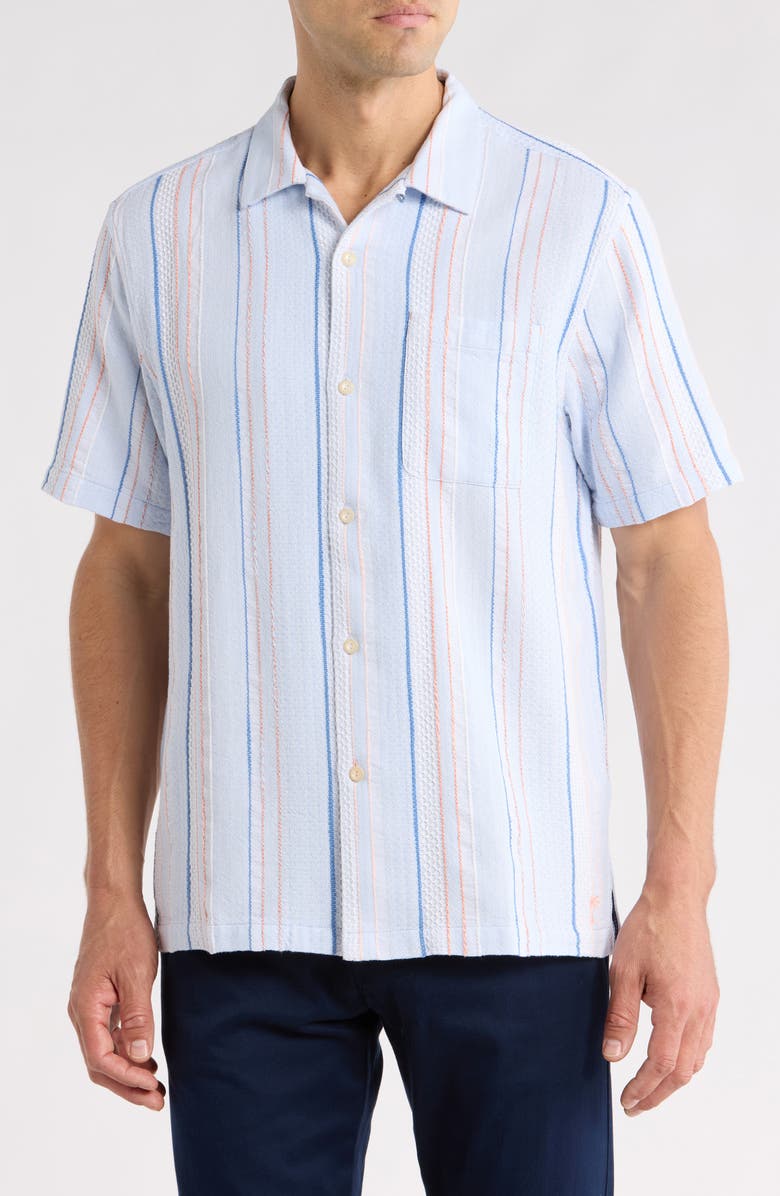 Tommy Bahama Milano Textured Stripe Cotton Camp Shirt, Main, color, Dew Drop