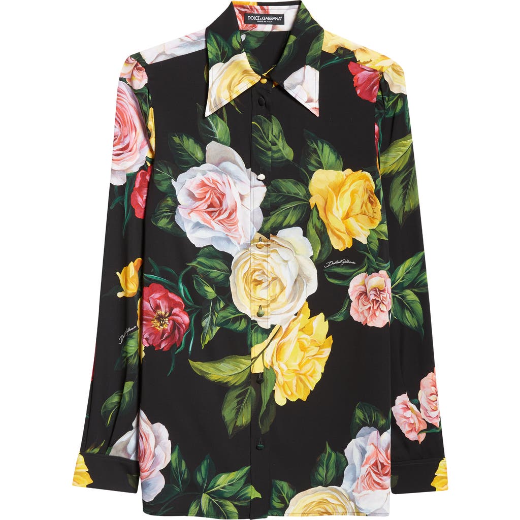Dolce & Gabbana Women Multicolor Shirt With Oversize Pointed Collar And All-over Floral Motif In Sil In Peonie/rose F.nero