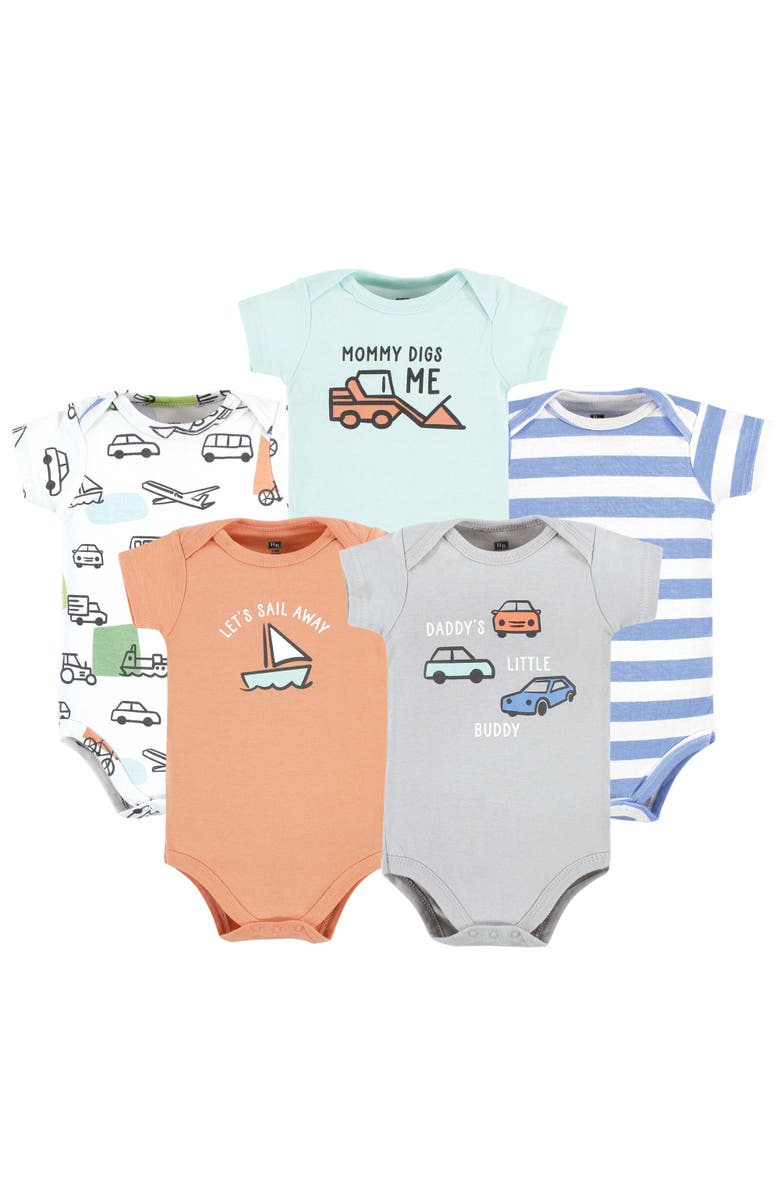 Hudson Baby Five-Piece Set of Cotton Infant All-in-One Bodysuits, Main, color, Fun Transportation