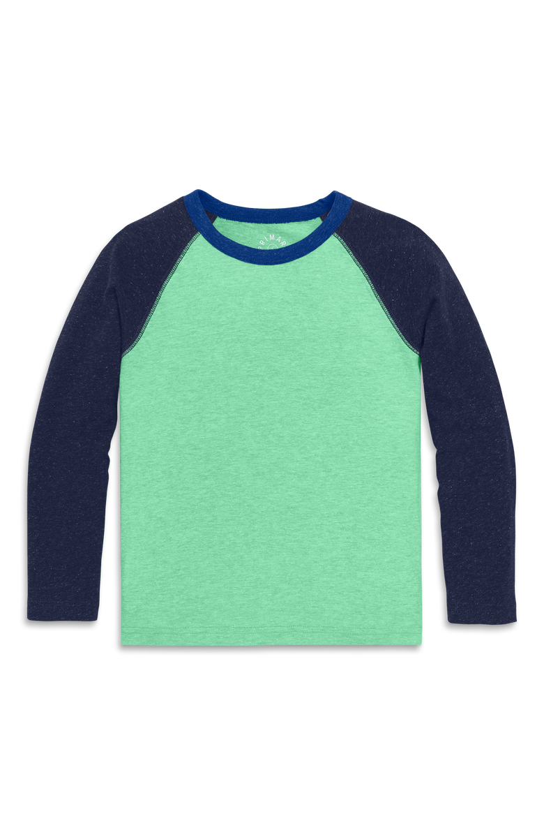 Primary Kids Heathered Long Sleeve Baseball Tee, Main, color, Clover/ Navy