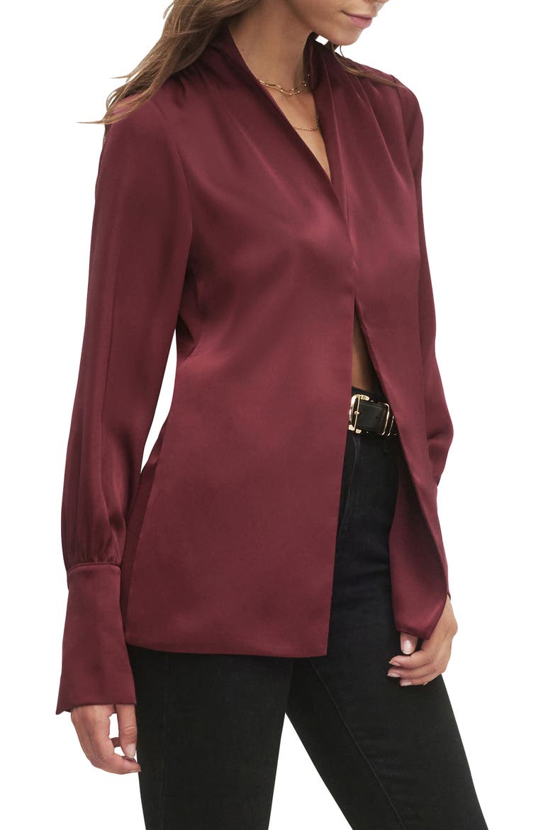 The Izzy Fluted Sleeve Satin Shirt, Alternate, color, VINO