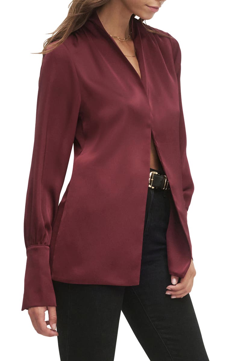 Favorite Daughter The Izzy Fluted Sleeve Satin Shirt, Alternate, color, Vino