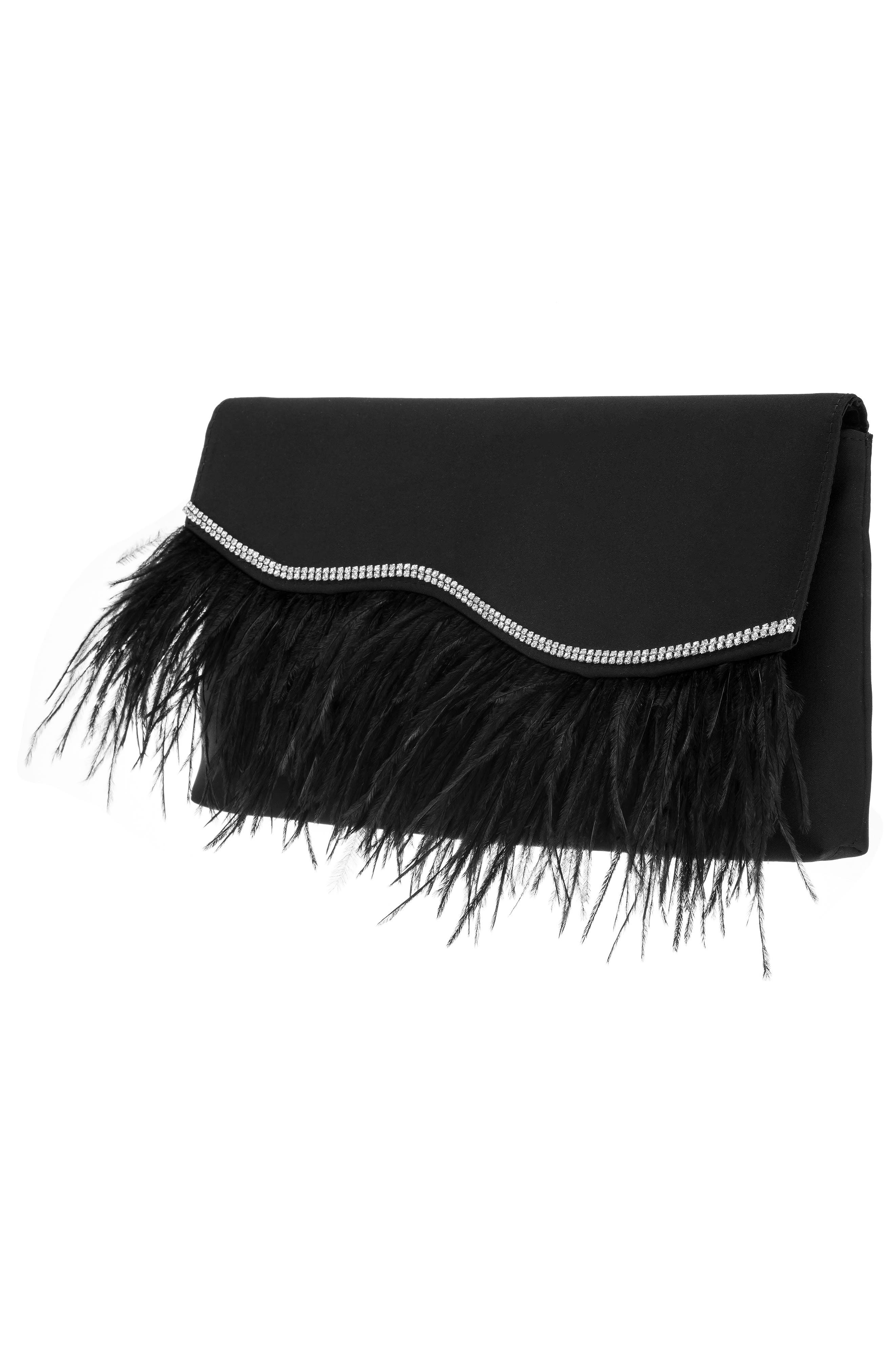 Nina Kaidy Feather Trim Satin Clutch, Alternate, color, 
