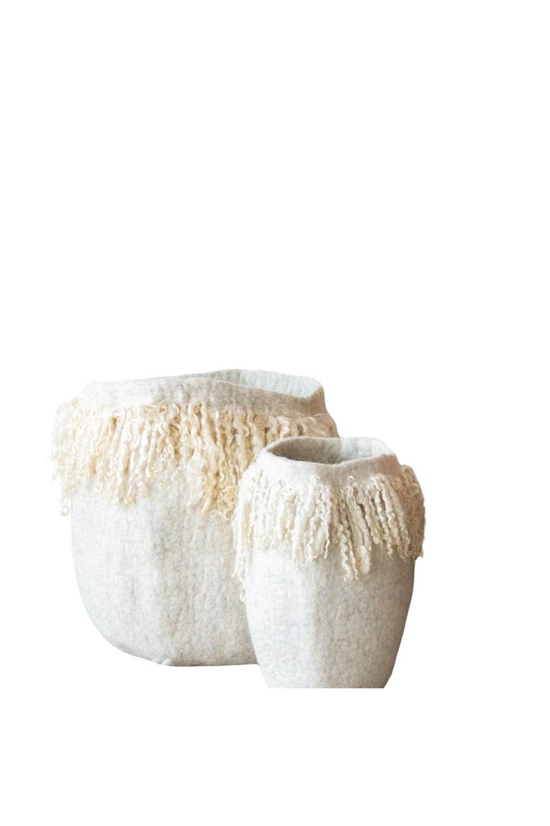 Fringed Skirt Mohair Decorative Wool Basket, Main, color, Cream - Small