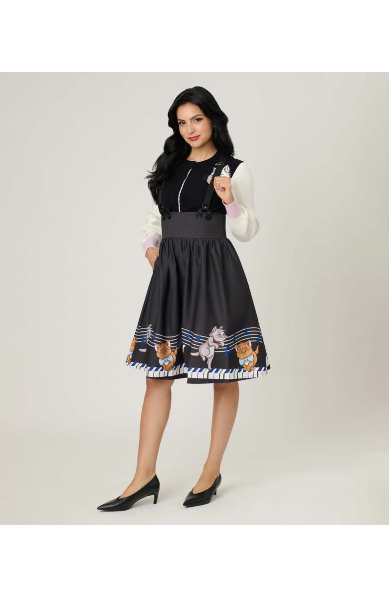Unique Vintage Suspender Swing Skirt, Alternate, color, Black Piano Cats Print