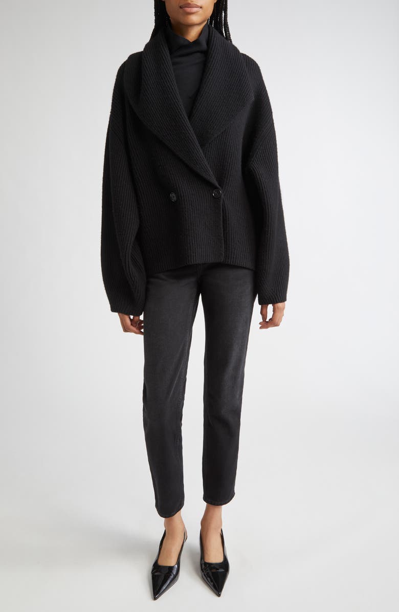 TOTEME Double Breasted Shawl Collar Wool Blend Rib Cardigan, Alternate, color,