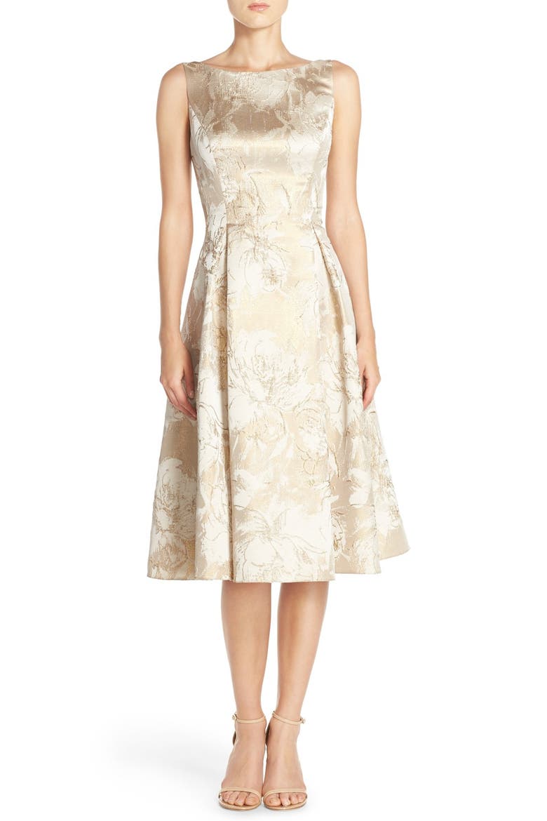 Floral Metallic Jacquard Fit & Flare Dress, Main, color, MINK