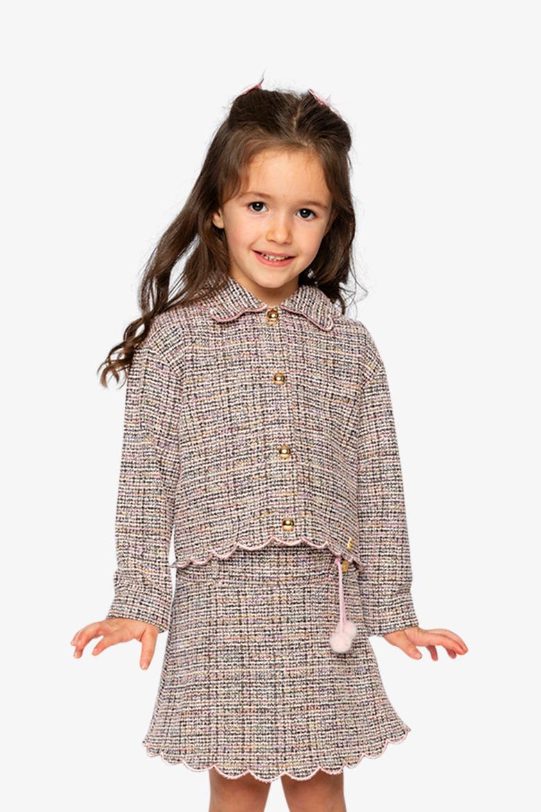 Jacquard Knit Scalloped Collar Button Front Short Jacket, Alternate, color, Pink and Black Knit