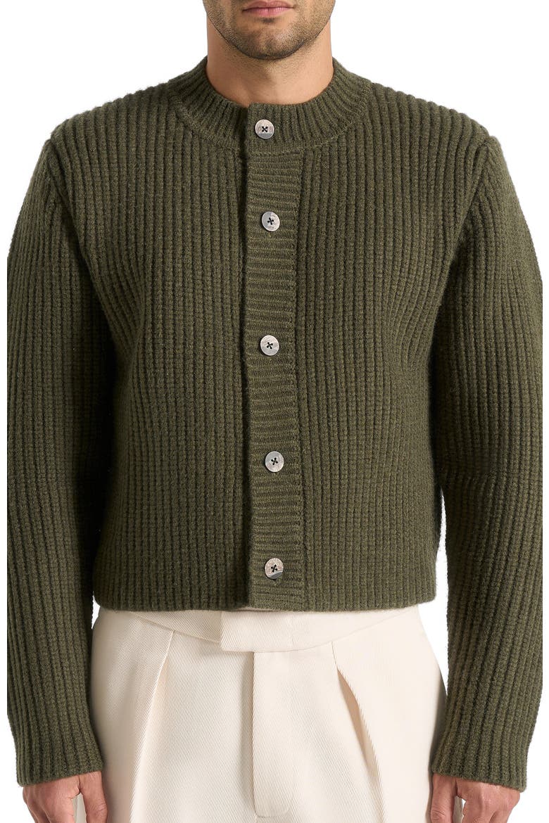 Alix Unisex Crewneck Ribbed Knit Cardigan, Alternate, color, Deep Olive