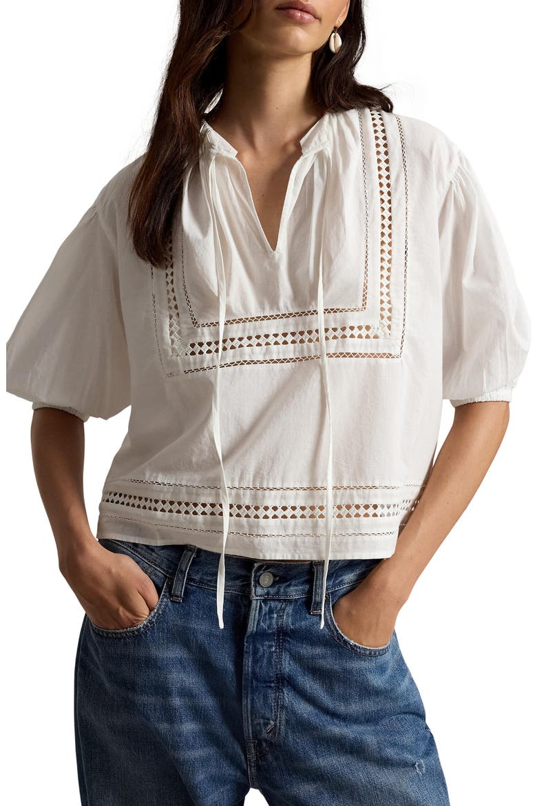 Lace Tie Cotton Shirt, Main, color, WHITE