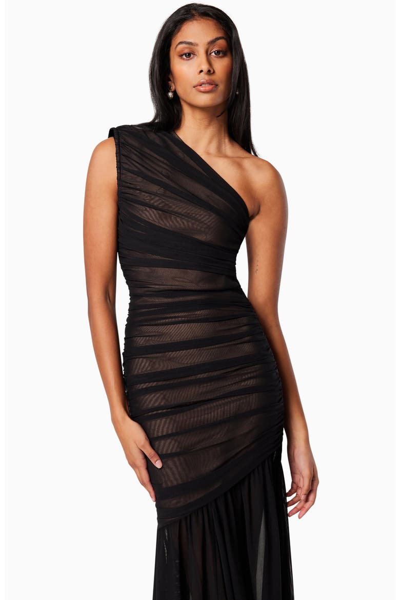 Vienna Ruched One-Shoulder Gown, Alternate, color, BLACK