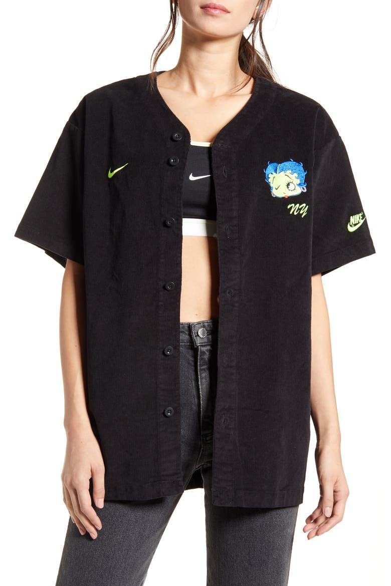 x Olivia Kim Corduroy Baseball Jersey, Main, color, BLACK