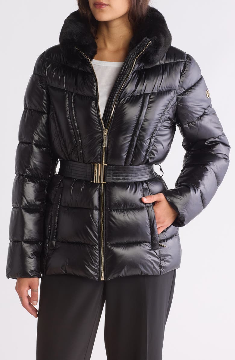 Michael Kors Faux Fur Collar Belted Puffer Jacket, Alternate, color, 