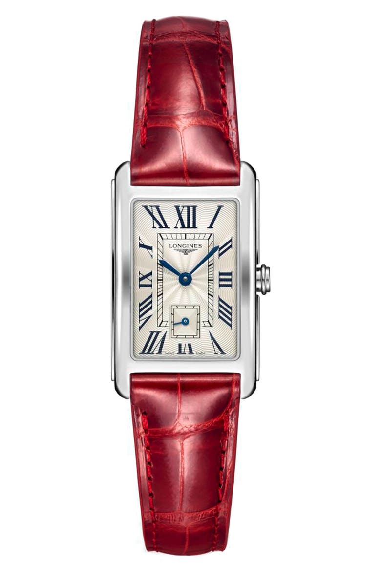 DolceVita II Leather Strap Watch, 23mm x 37mm, Main, color, RED/ SILVER