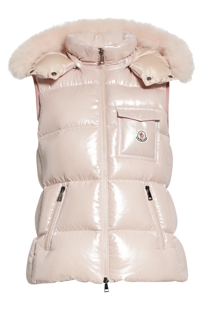 Moncler Balabio Metallic Down Puffer Hooded Vest with Removable Genuine Blue Fox Fur Trim, Alternate, color, 