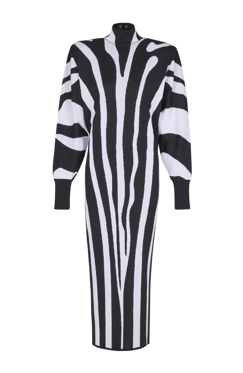 Balmain Long Knit Dress With Zebra Intarsia, Alternate, color, Black
