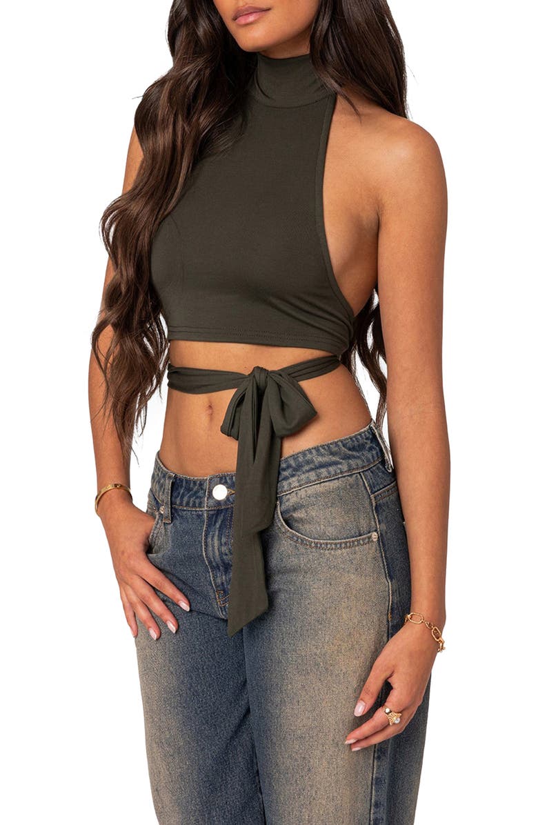 EDIKTED Hamlin Wrap Tie Halter Neck Crop Top, Alternate, color, Olive
