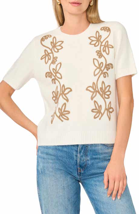 Embroidered Short Sleeve Crewneck Sweater
