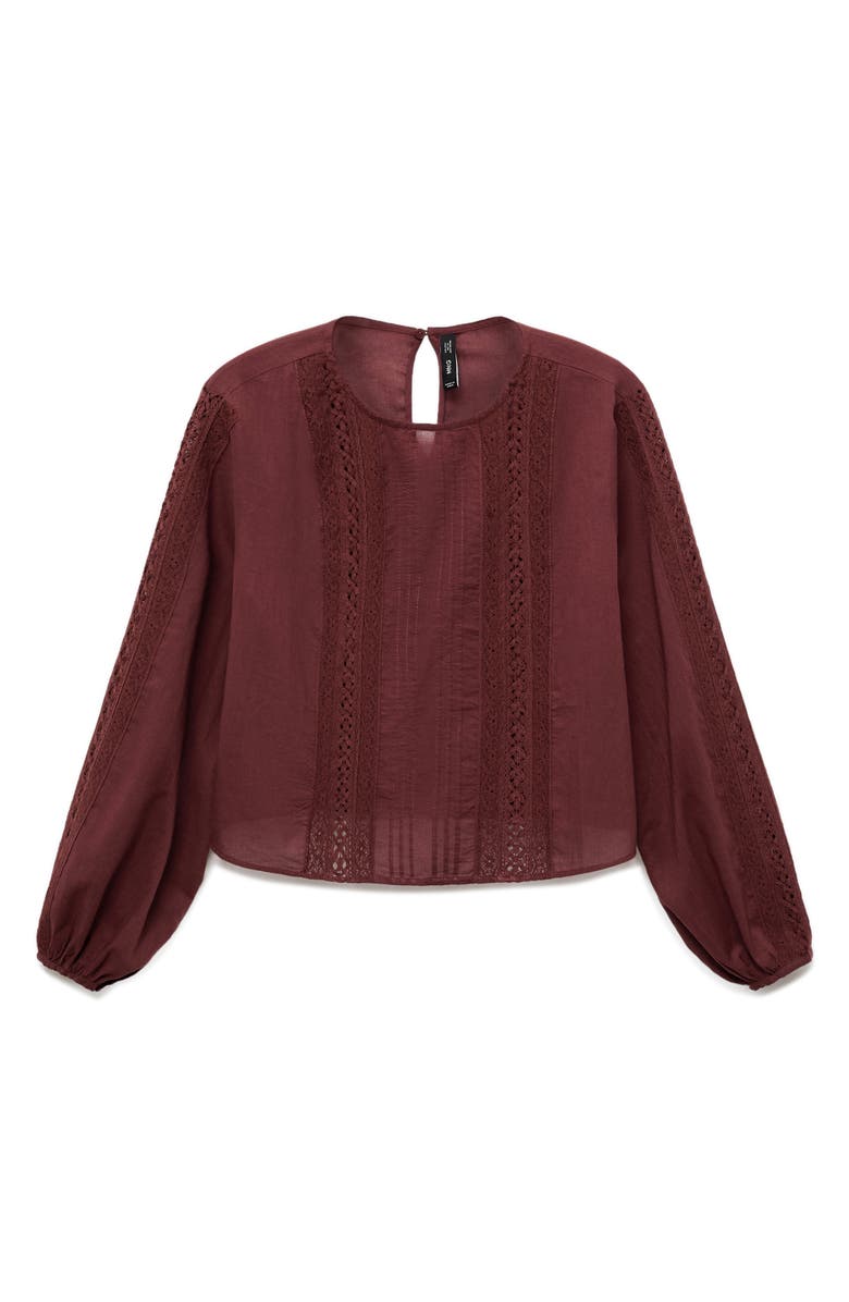 MANGO Embroidered Puff Sleeve Cotton Top, Alternate, color, Burgundy