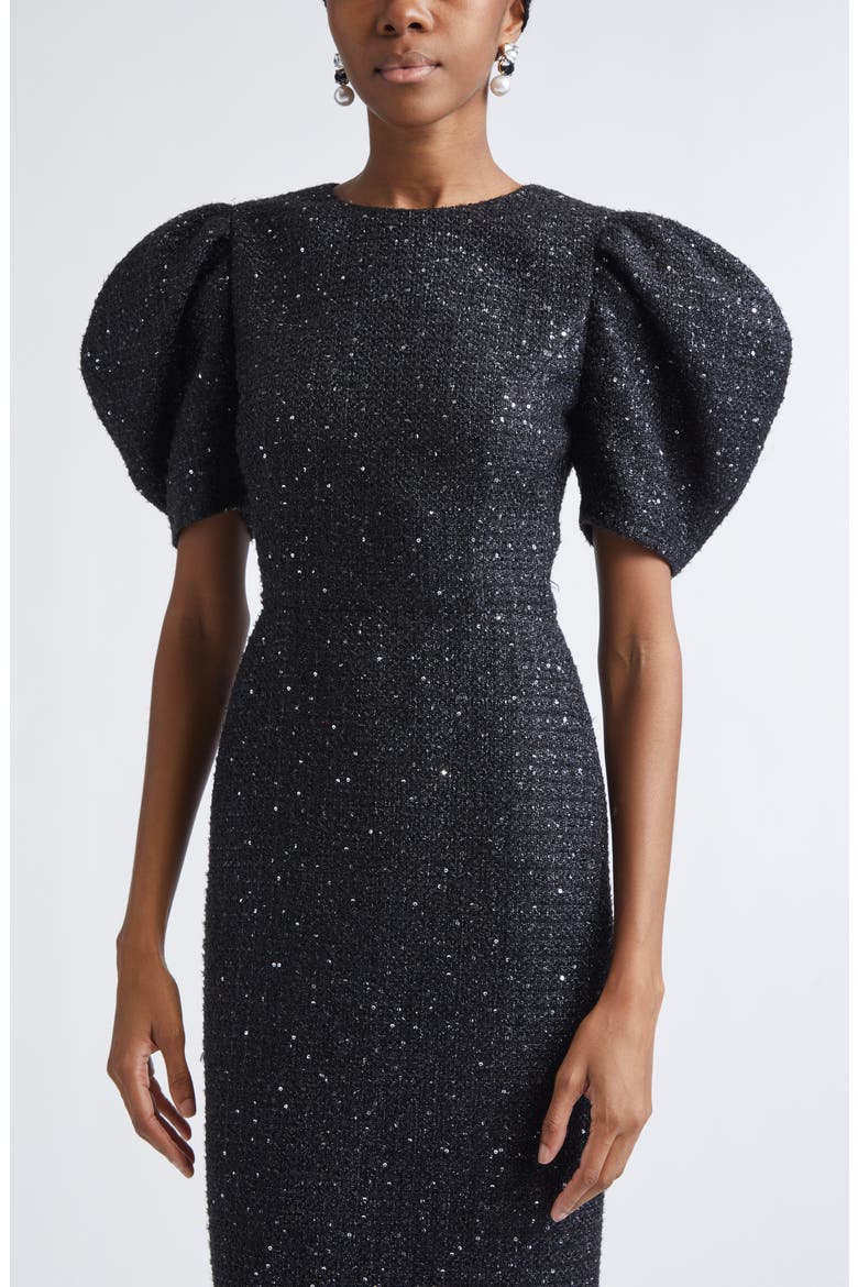 Puff Sleeve Metallic Tweed Sheath Dress, Alternate, color, BLACK