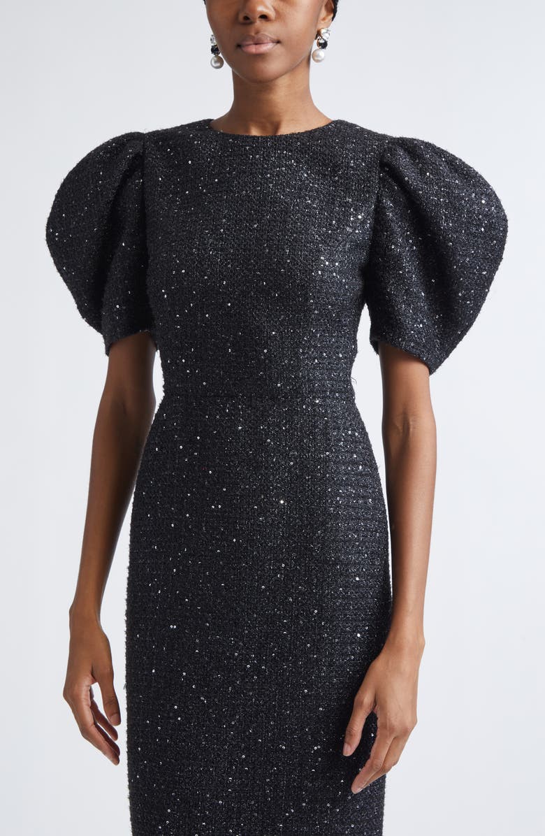 Carolina Herrera Puff Sleeve Metallic Tweed Sheath Dress, Alternate, color, Black